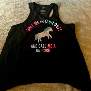 Black tank top that’s says roll me in fairy dust and call me a unicorn size L14